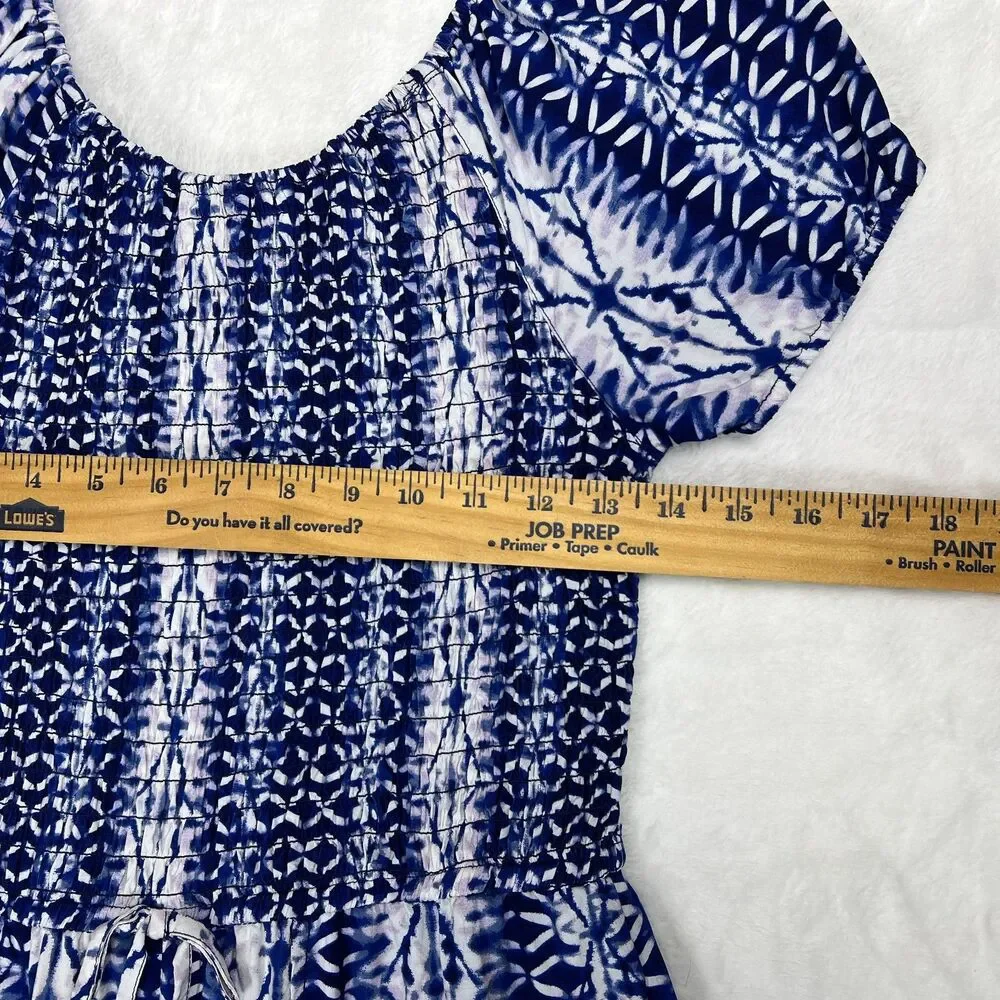 Justice Blue And White Puff Sleeve Jumpsuit Girls Size 18 Split Leg Smocked